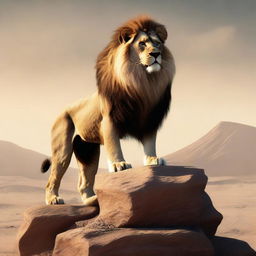 A representation of the concept 'Supreme Dominant', depicted as a majestic lion standing atop a rocky intro overlooking a vast savanna, symbolizing power and authority.