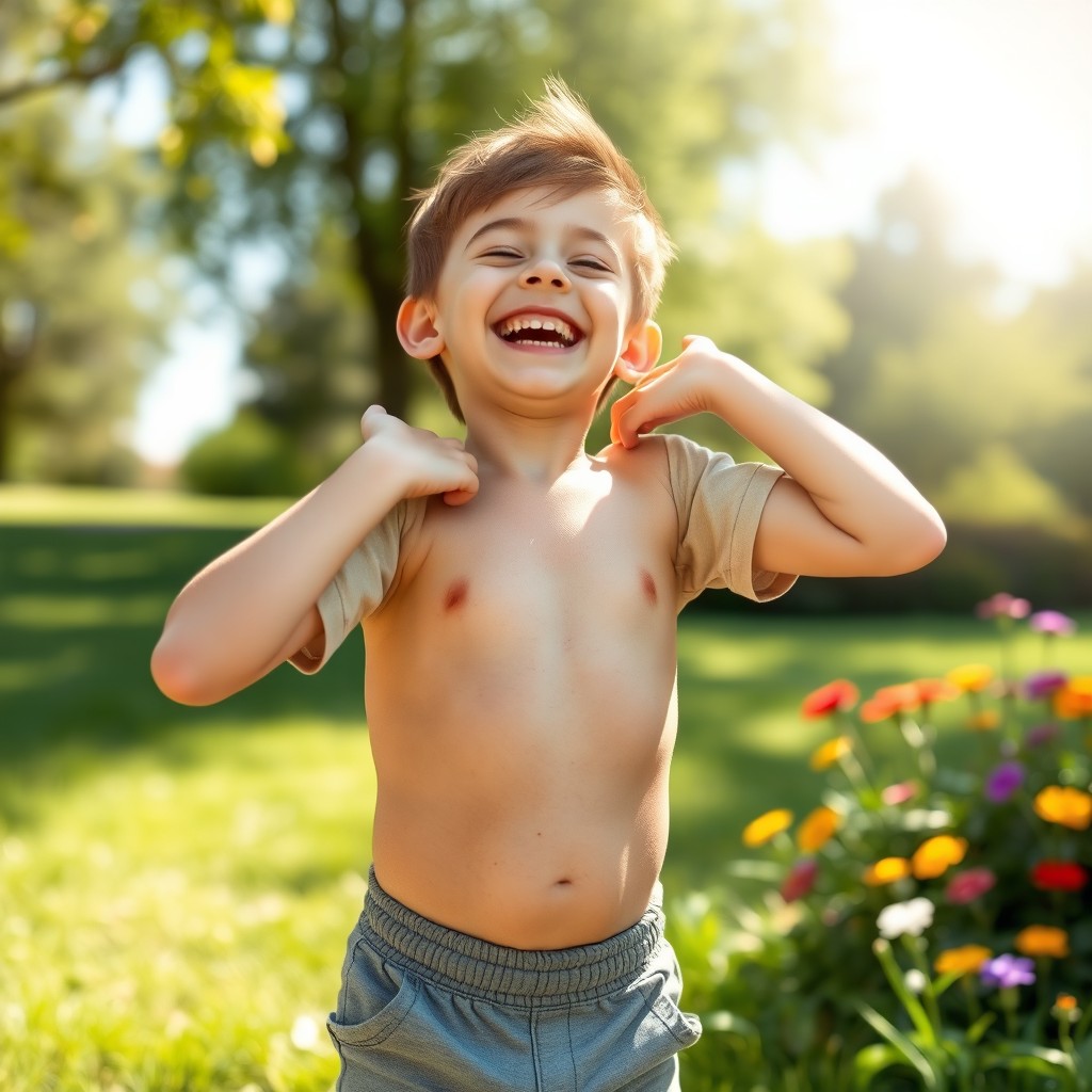 A playful scene of a young boy happily showcasing his developing armpit hair and stomach, embodying innocence and joy