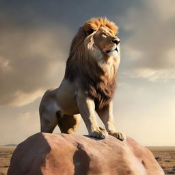 A representation of the concept 'Supreme Dominant', depicted as a majestic lion standing atop a rocky intro overlooking a vast savanna, symbolizing power and authority.