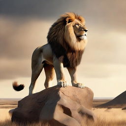 A representation of the concept 'Supreme Dominant', depicted as a majestic lion standing atop a rocky intro overlooking a vast savanna, symbolizing power and authority.