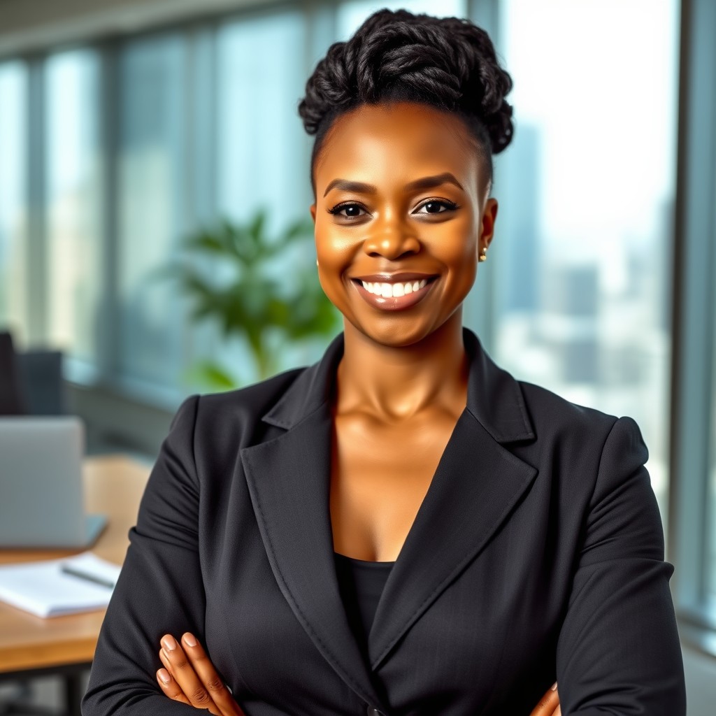 A confident 42-year-old African woman in a professional corporate setting