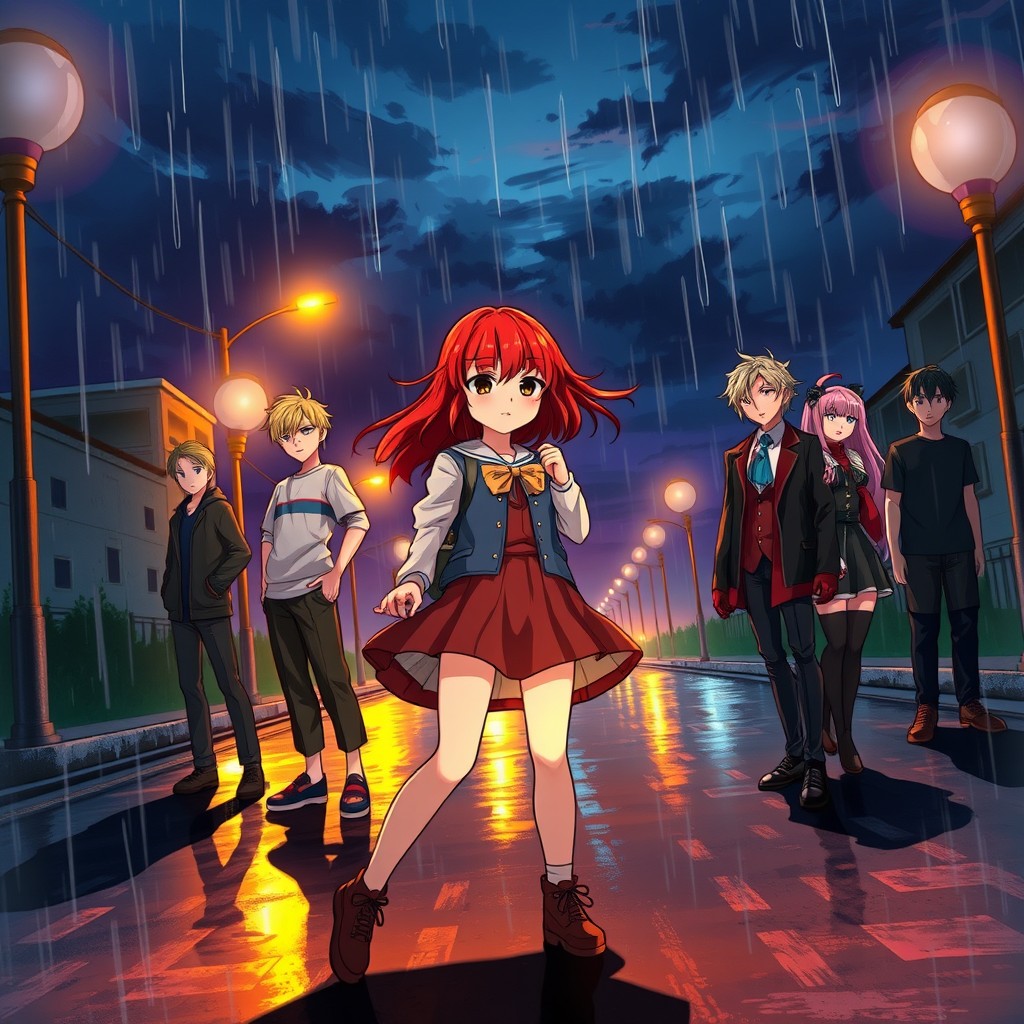 In the foreground, the main heroines: Nastya, a red-haired girl in a dynamic pose, is at the center of the composition, illuminated by warm streetlight