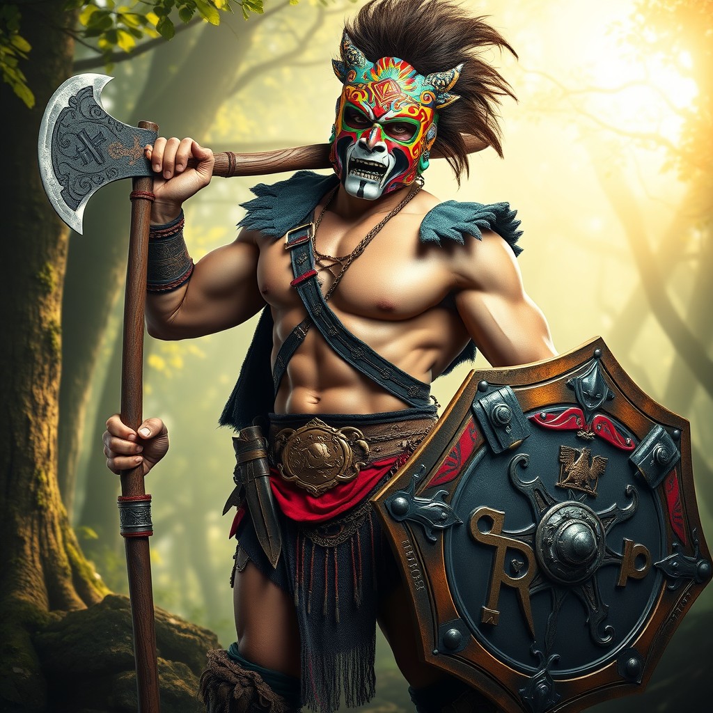 A powerful bard barbarian luchador stands confidently in a dramatic pose, showcasing his muscular physique