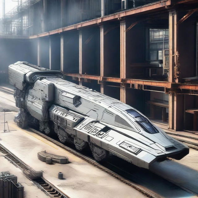 A highly detailed and futuristic Railgun with robust, metallic construction and advanced technology, designed to accelerate projectiles to extraordinarily high speeds. Set against an industrial background.