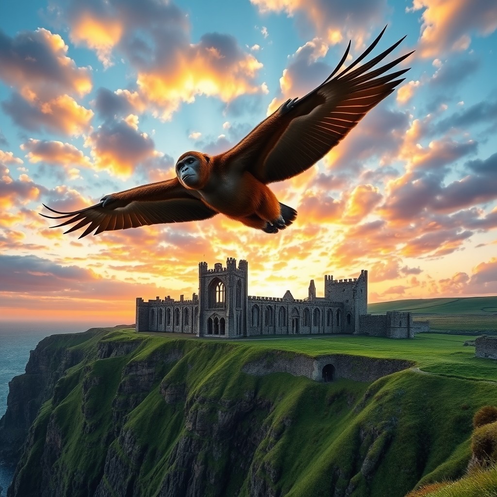 A majestic scene of a large ape soaring gracefully through the sky over the iconic Whitby Abbey, which is perched on a cliff overlooking the ocean