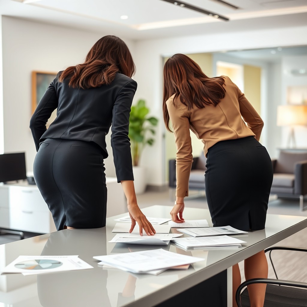 A professional scene depicting the rear view of two brunette office workers, both dressed in elegant pencil skirts, bending slightly over a sleek modern desk