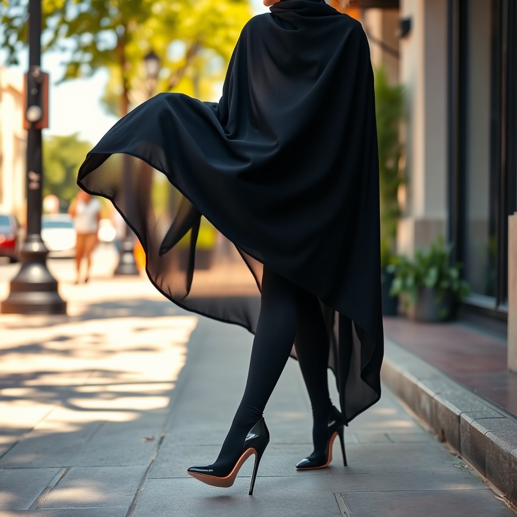 A woman gracefully walking on the sidewalk, dressed in a thick black chador that flows beautifully around her