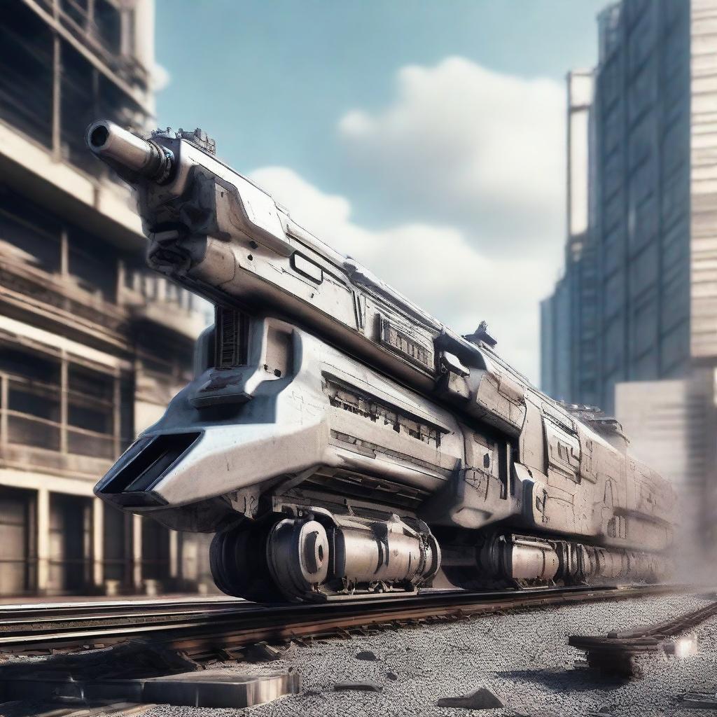 A highly detailed and futuristic Railgun with robust, metallic construction and advanced technology, designed to accelerate projectiles to extraordinarily high speeds. Set against an industrial background.