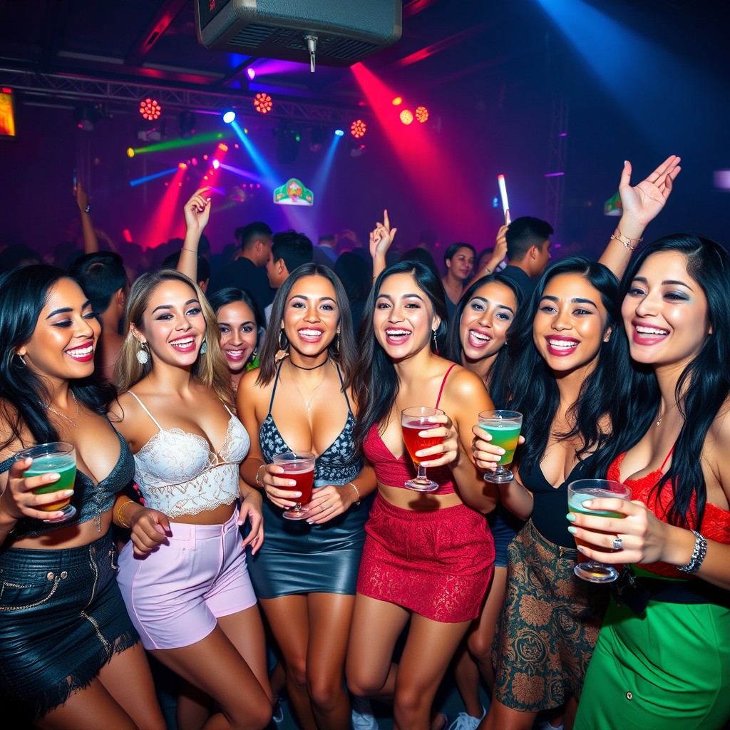A vibrant scene at a nightclub featuring a group of diverse Latina women enjoying themselves at a lively party