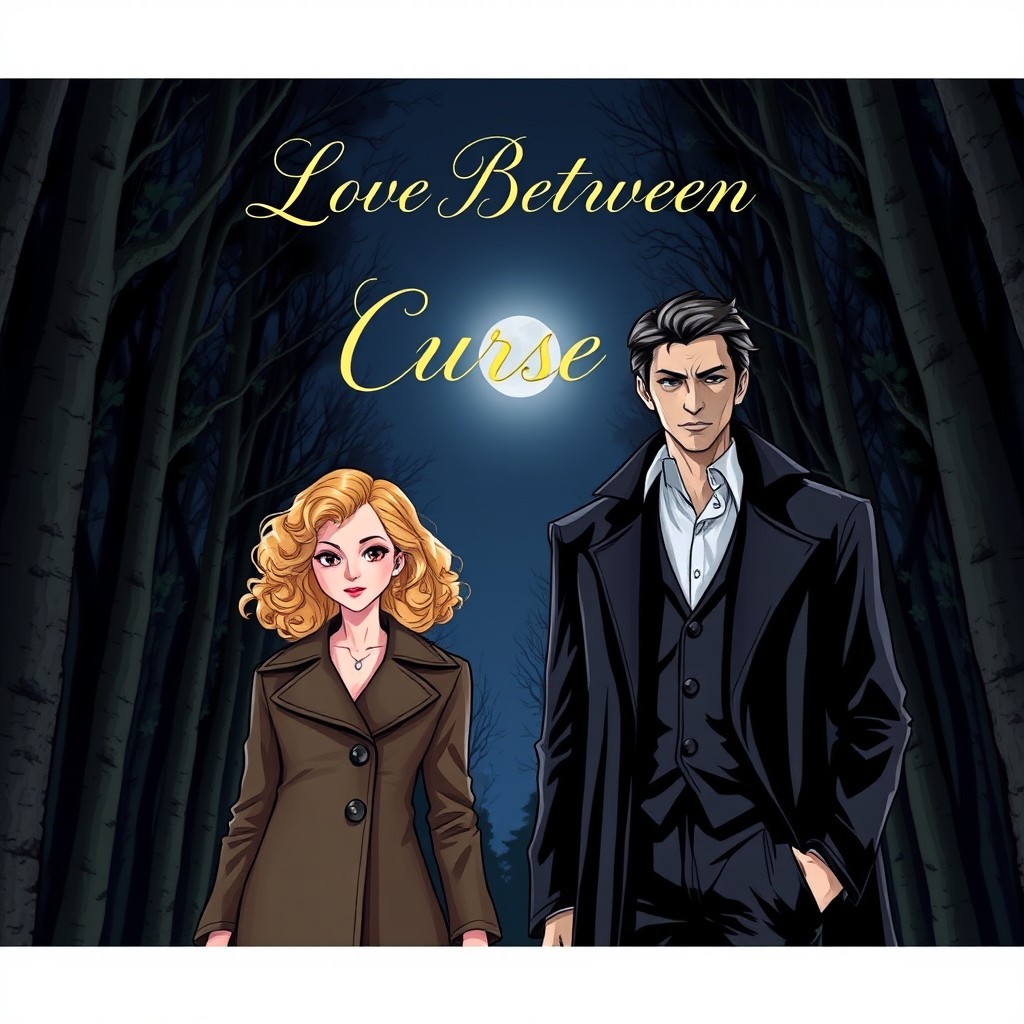 A vampire and a girl with shoulder-length curly blonde hair standing in a forest at night, illuminated by the moonlight above