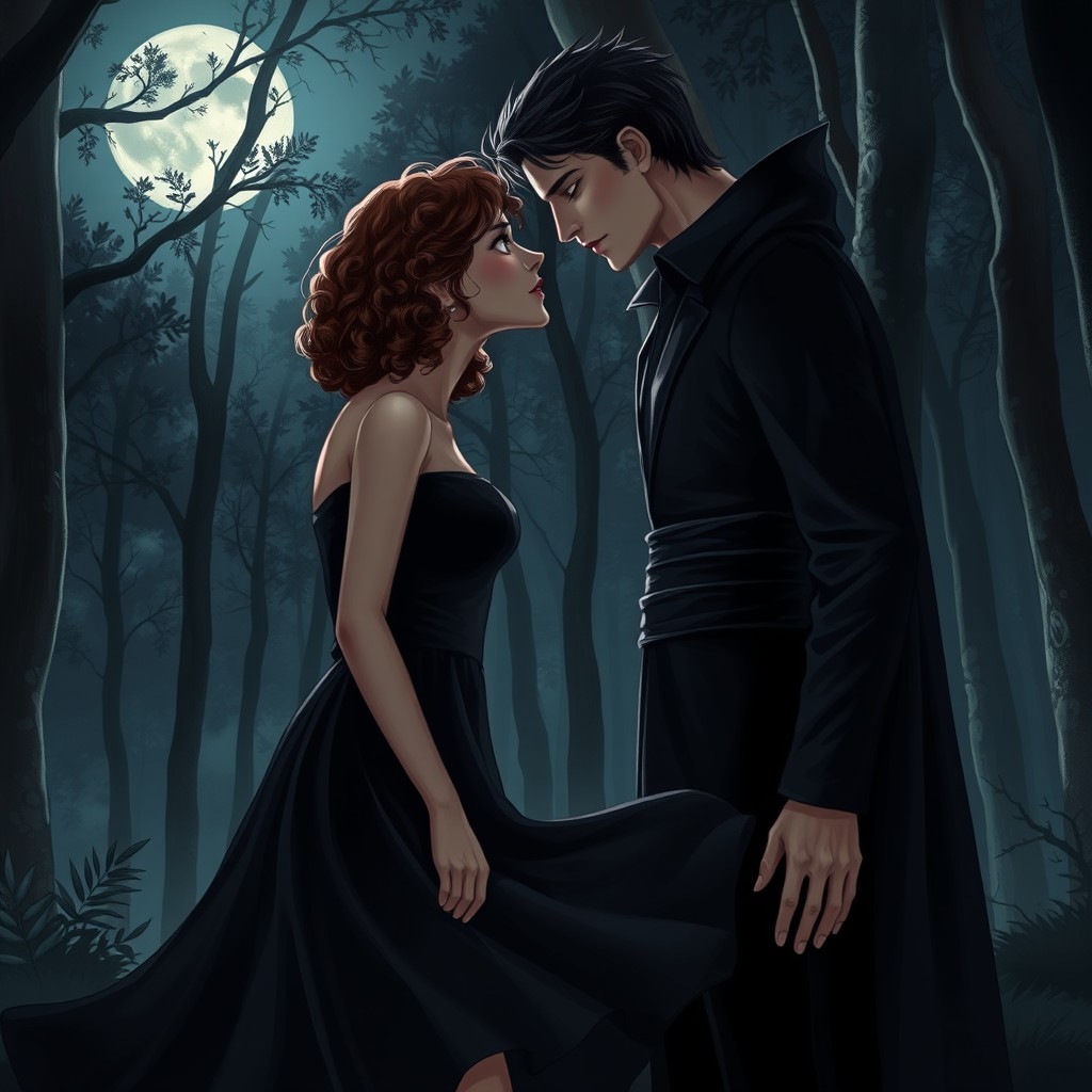 A beautiful girl and a tall male vampire gaze into each other's eyes in a mysterious night forest, as if they are about to kiss