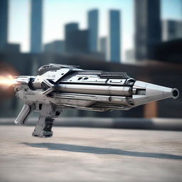 A highly detailed and futuristic Railgun with robust, metallic construction and advanced technology, designed to accelerate projectiles to extraordinarily high speeds. Set against an industrial background.