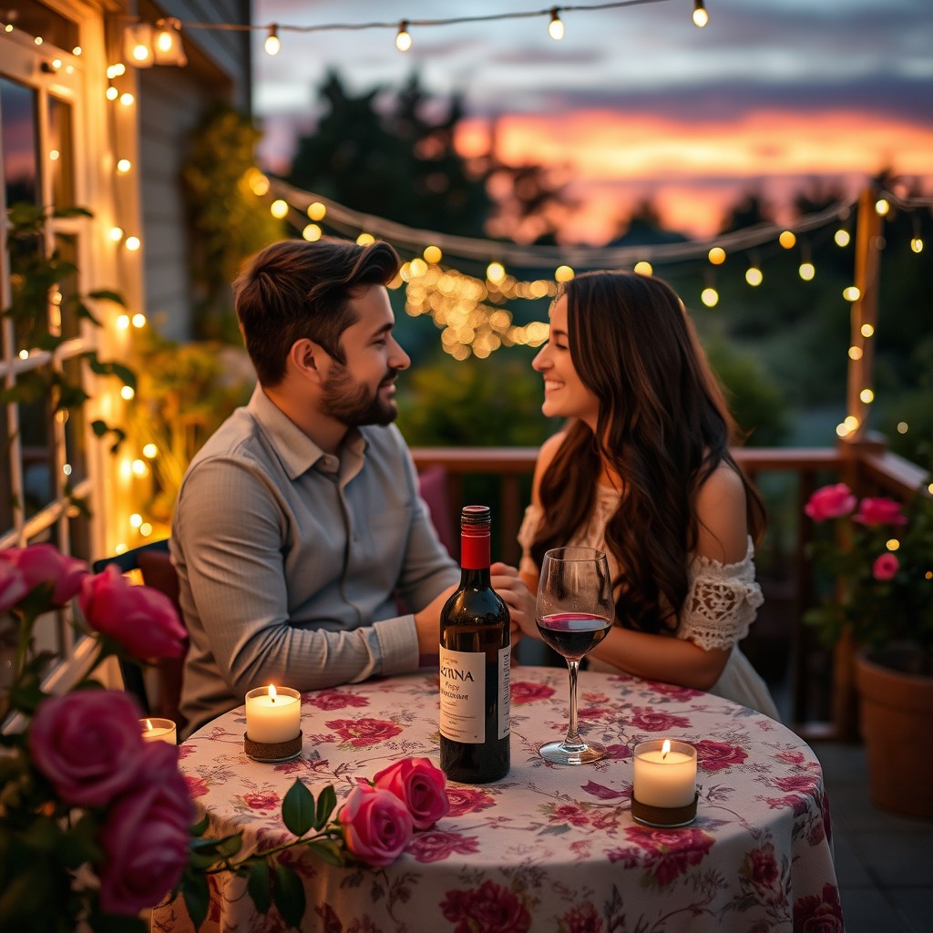 A cozy, beautifully decorated outdoor patio illuminated by soft fairy lights at dusk