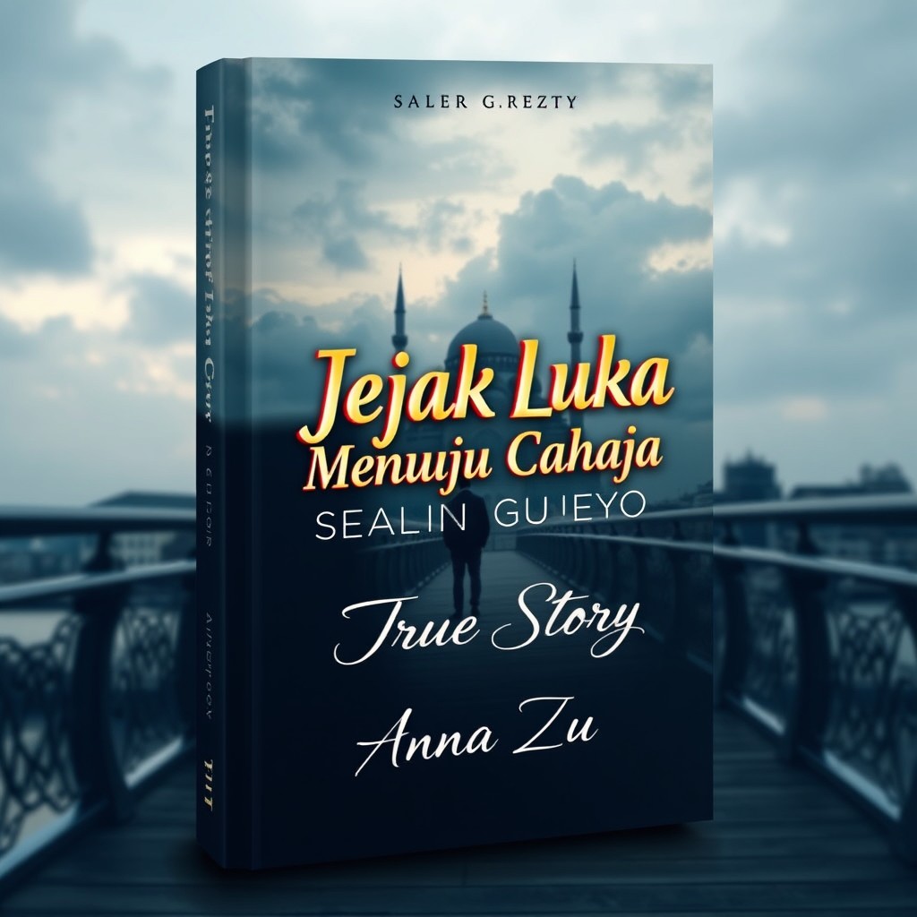 An elegant book cover design featuring a mysterious man standing on a bridge, facing a majestic mosque