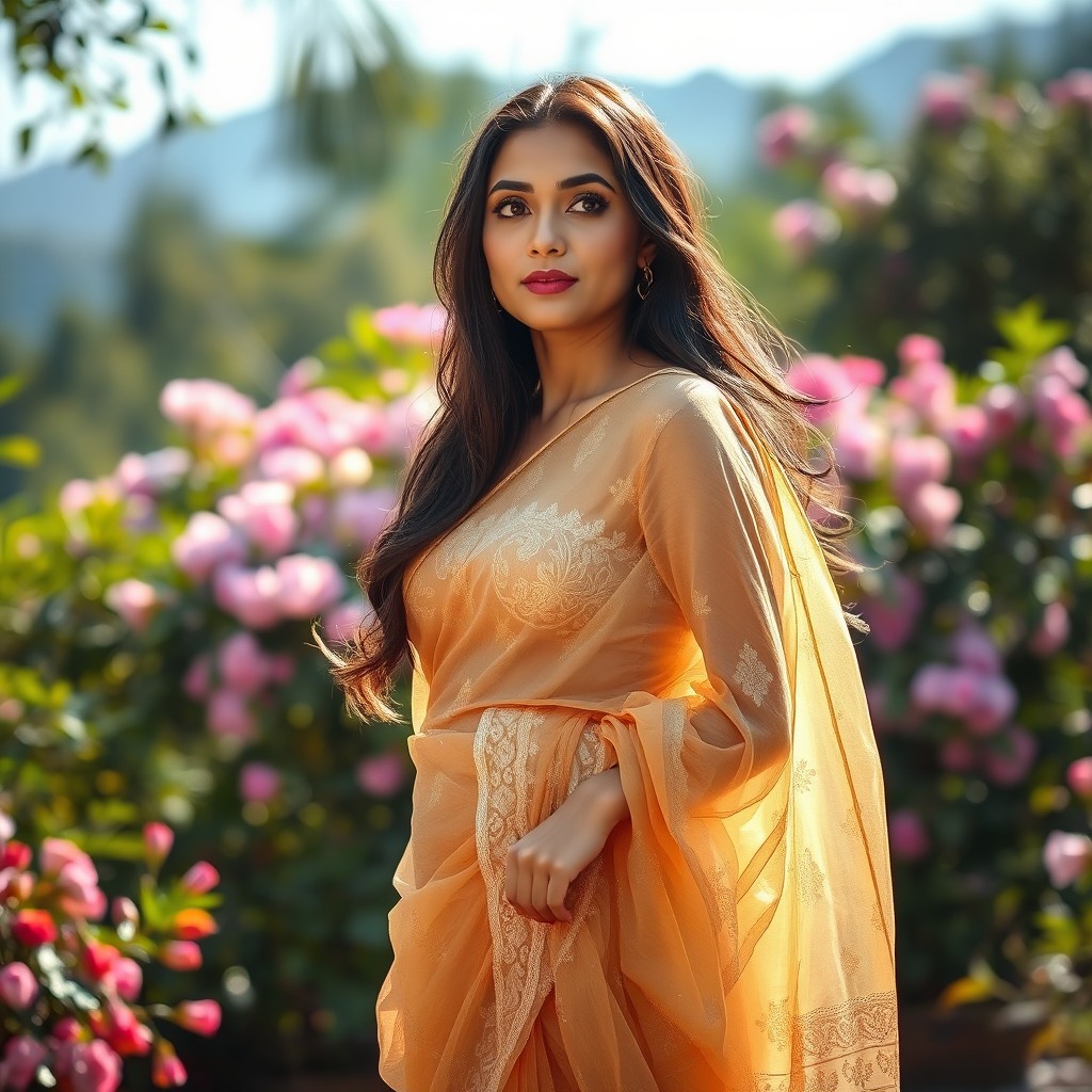 A beautiful desi girl draped in a transparent wet saree, revealing elegant patterns and textures that accentuate her graceful silhouette