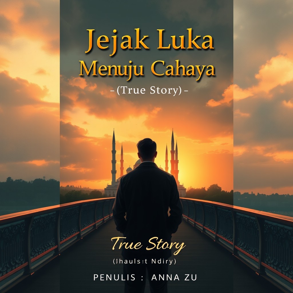 An elegant book cover illustration depicting a man standing on a bridge at sunset, facing a majestic mosque in the distance
