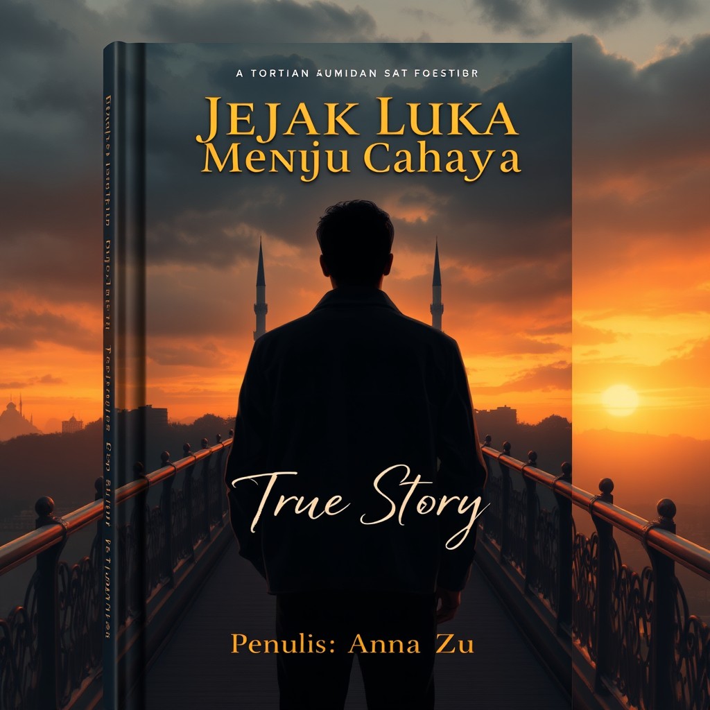 An elegant book cover illustration depicting a man standing on a bridge at sunset, gazing towards a majestic mosque in the distance
