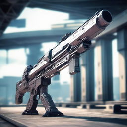 A highly detailed and futuristic Railgun with robust, metallic construction and advanced technology, designed to accelerate projectiles to extraordinarily high speeds. Set against an industrial background.