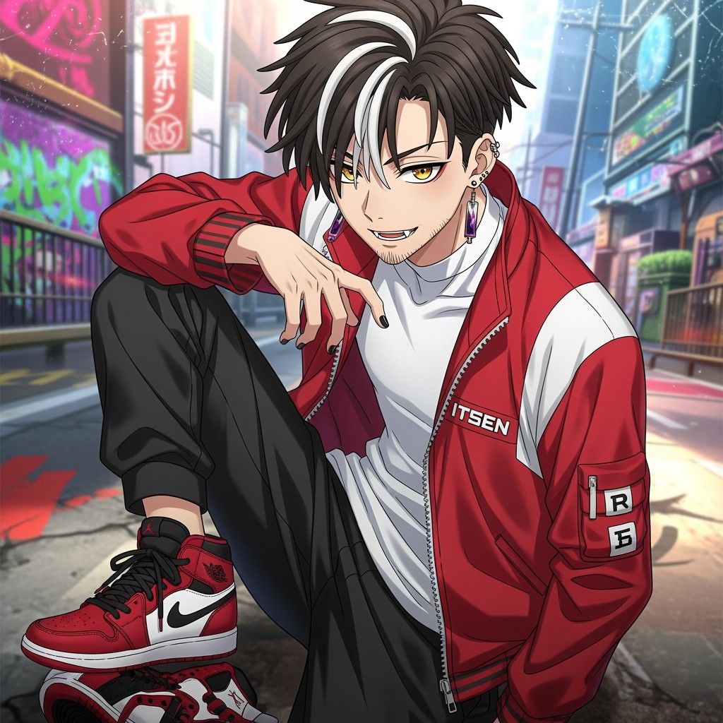 An anime boy with short dreads, featuring one distinct white streak among the dreads