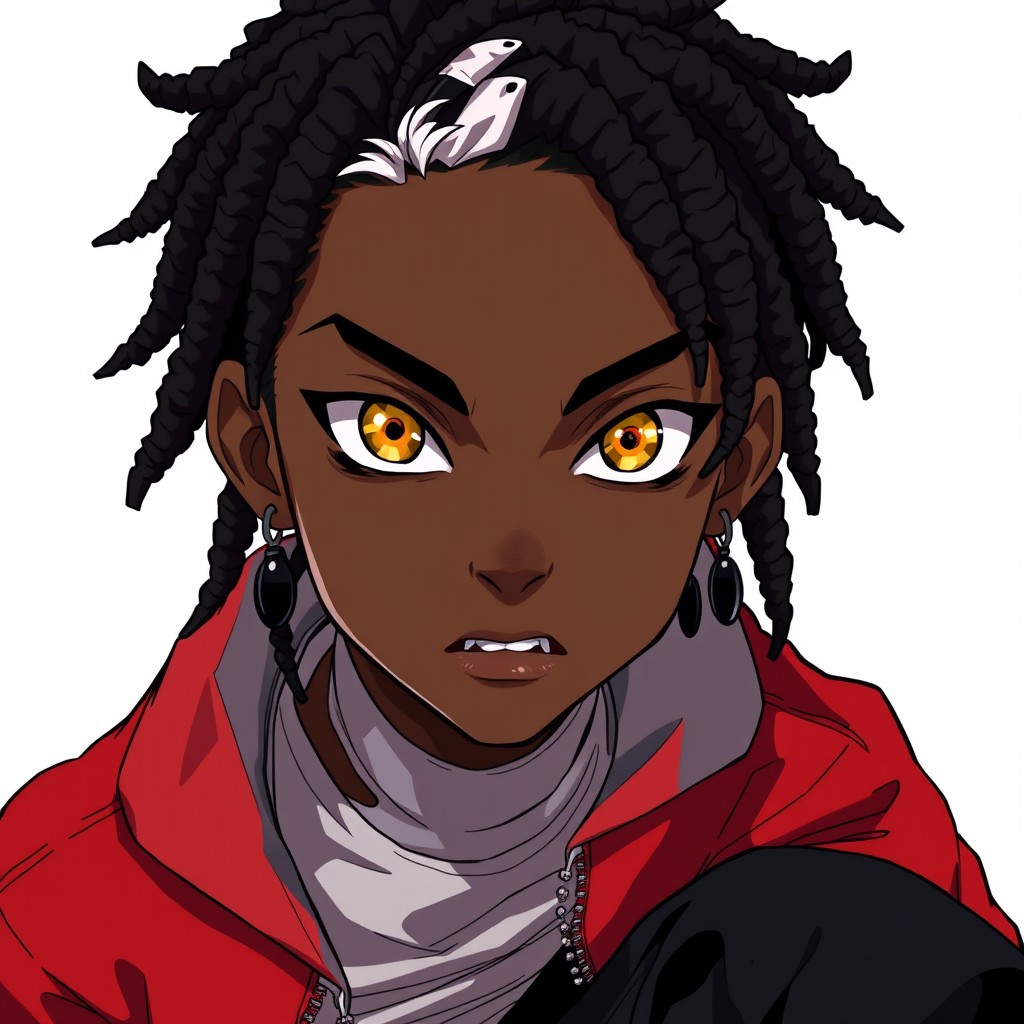 A dynamic portrait of a black anime boy characterized by short, stylish dreadlocks, including one distinct white-streaked dread standing out among the others