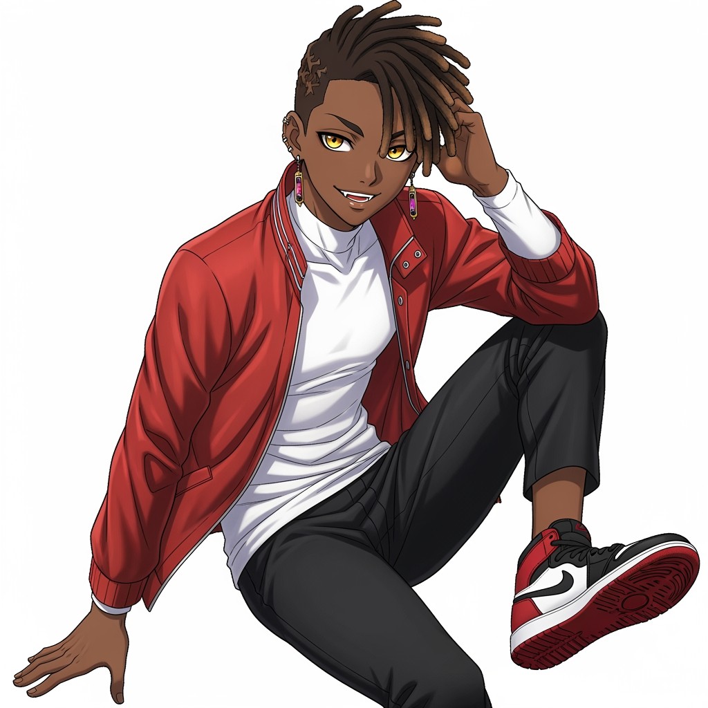 A vibrant anime illustration featuring a black boy with short dreadlocks, one of which has a striking white streak