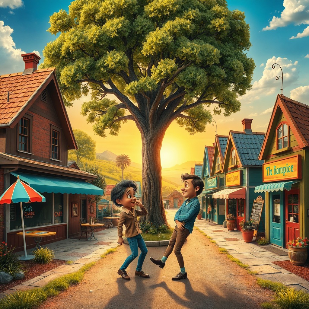 A surreal and imaginative scene depicting a small, whimsical town in the countryside with vibrant colors, where peculiar characters interact