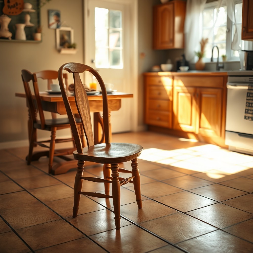 A kitchen interior scene featuring a wooden kitchen chair that appears to be moving on its own across a tiled floor