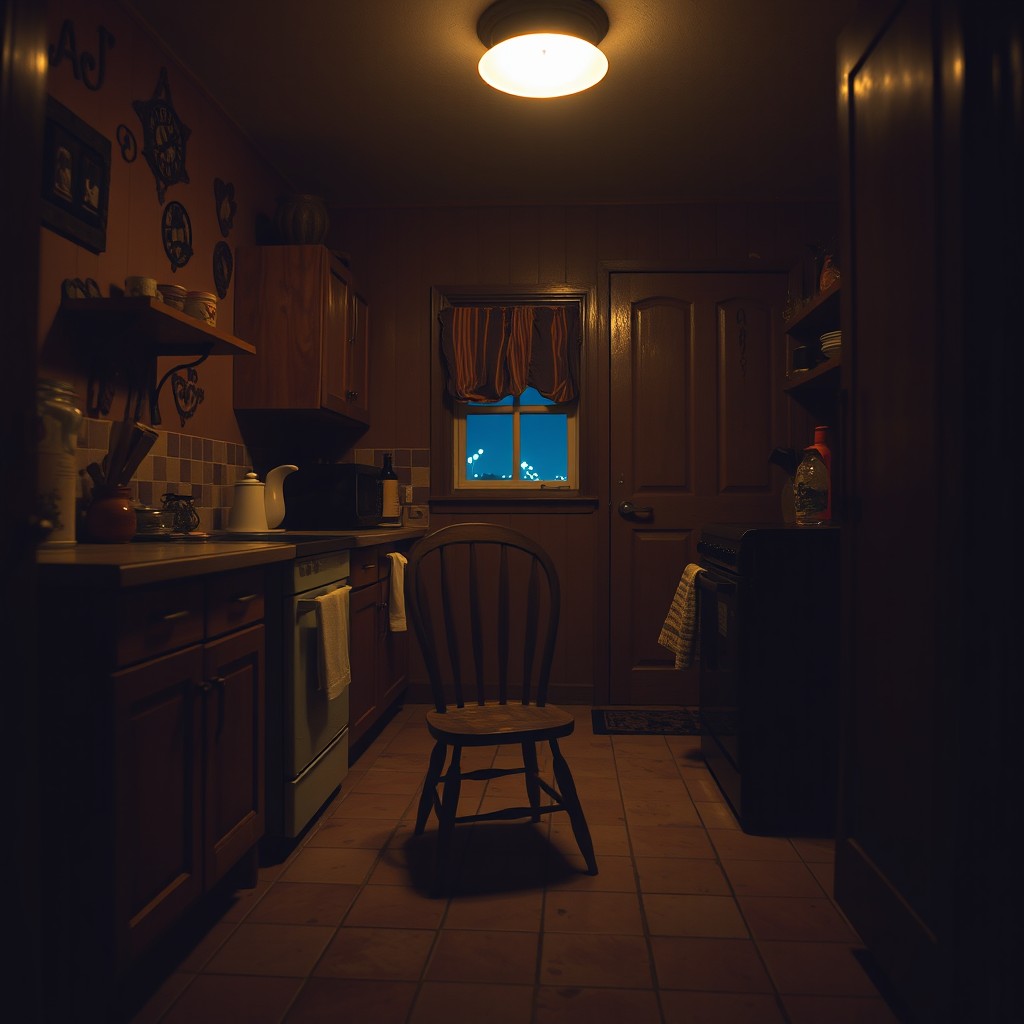 A cozy, dimly lit small kitchen at night, featuring an antique wooden kitchen chair mysteriously moving slightly across the tiled floor