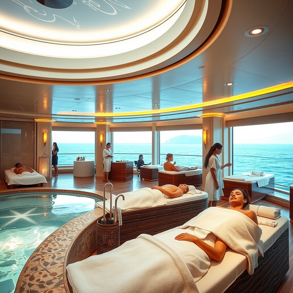A luxurious spa experience aboard the Costa Favolosa cruise ship, showcasing a serene environment with soothing decor, soft lighting, and tranquil water features