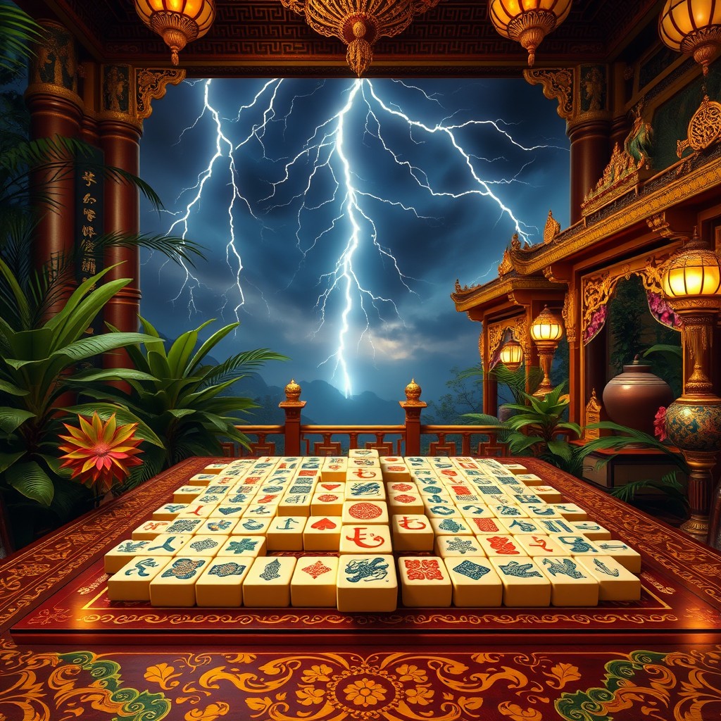 An opulent setting of a Naga-themed Mahjong game, featuring intricate, beautifully designed tiles that showcase dragon motifs