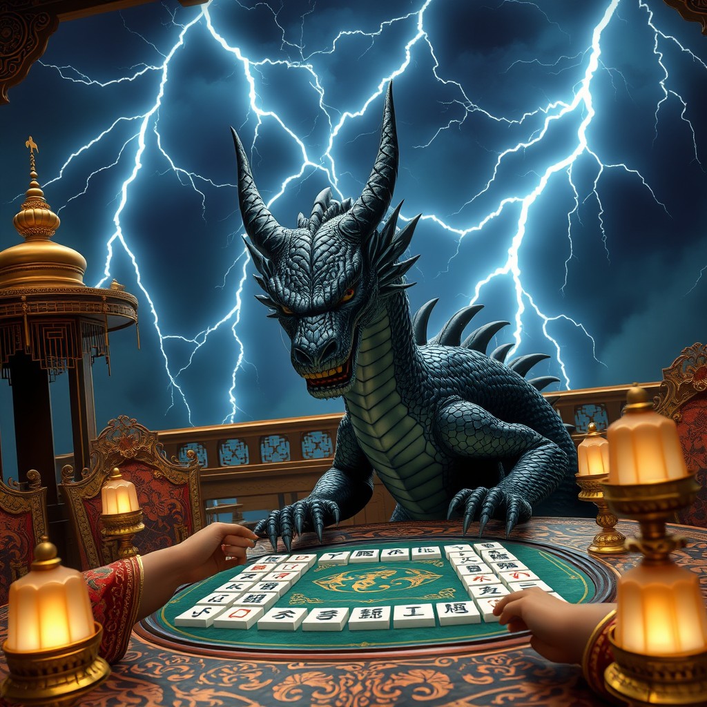 A majestic scene featuring a black Naga, an elegant dragon with shiny scales, engaged in a game of Mahjong
