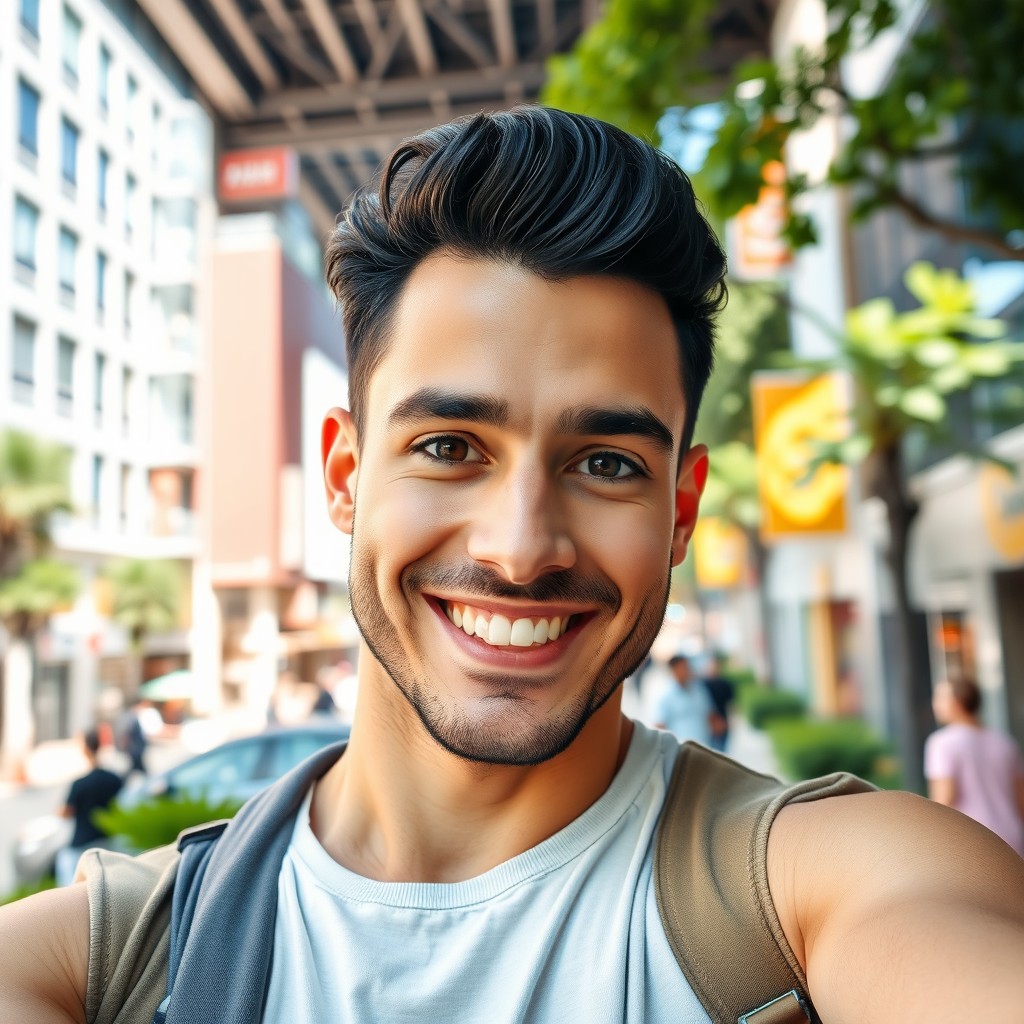 A confident man taking a selfie, looking directly into the camera with a warm and inviting smile