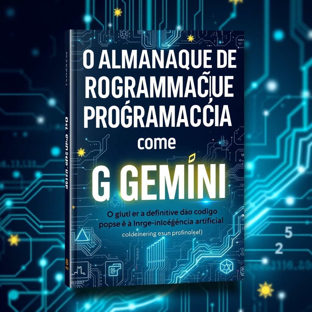 A visually striking cover design for a programming book titled 'O Almanaque de Programação com IA Gemini - O Guia Definitivo do Zero ao Código com Inteligência Artificial'