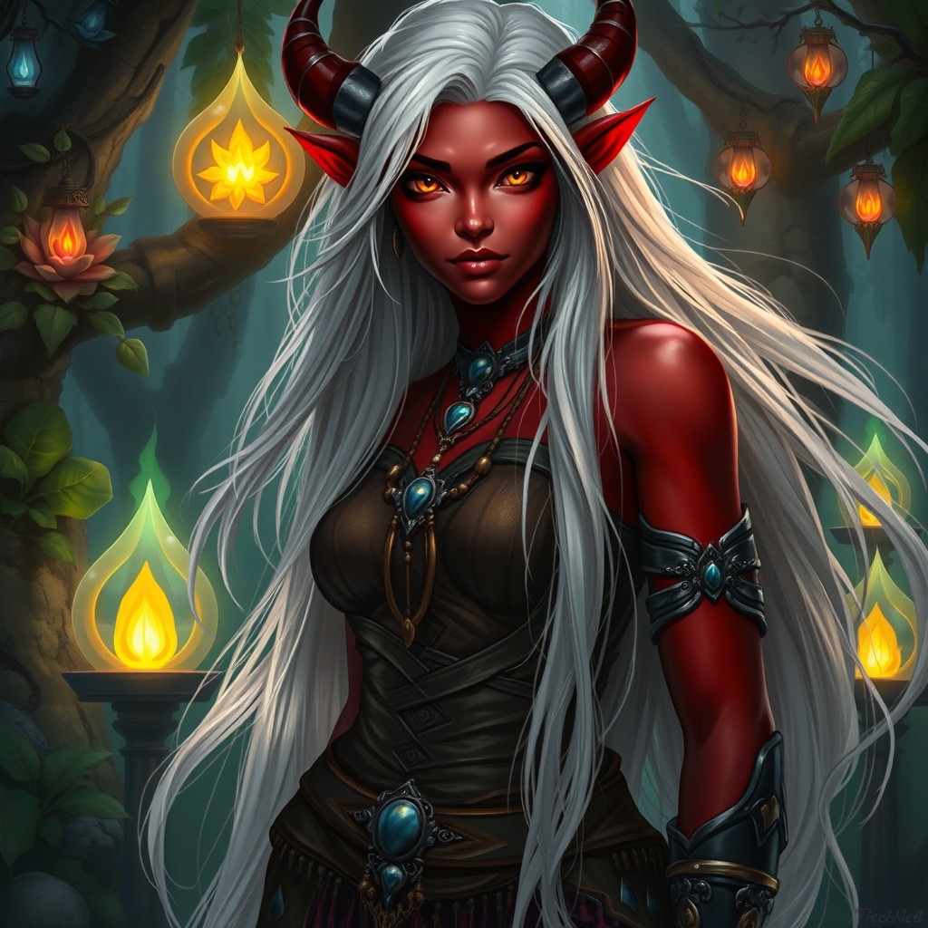 A female Tiefling preserver character showcasing her unique features