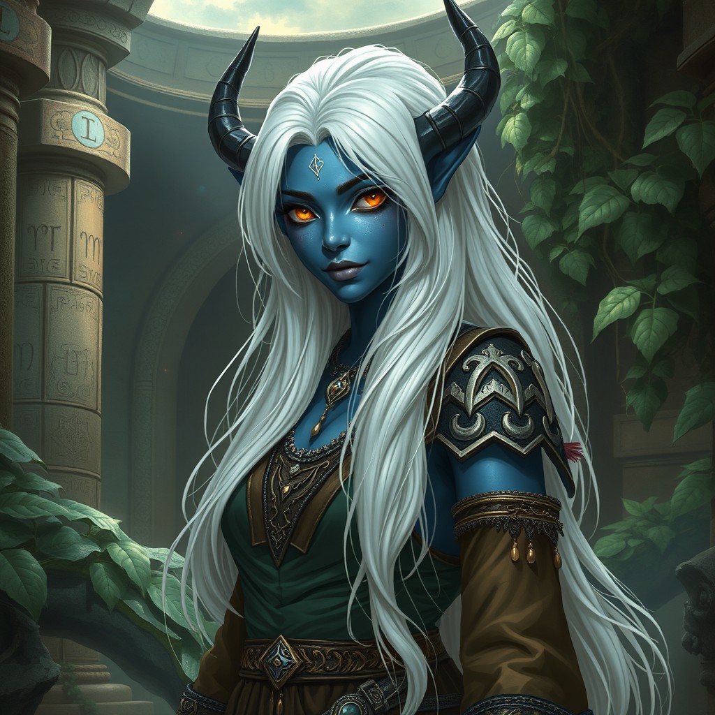 A female Tiefling preserver character illustrating her unique traits