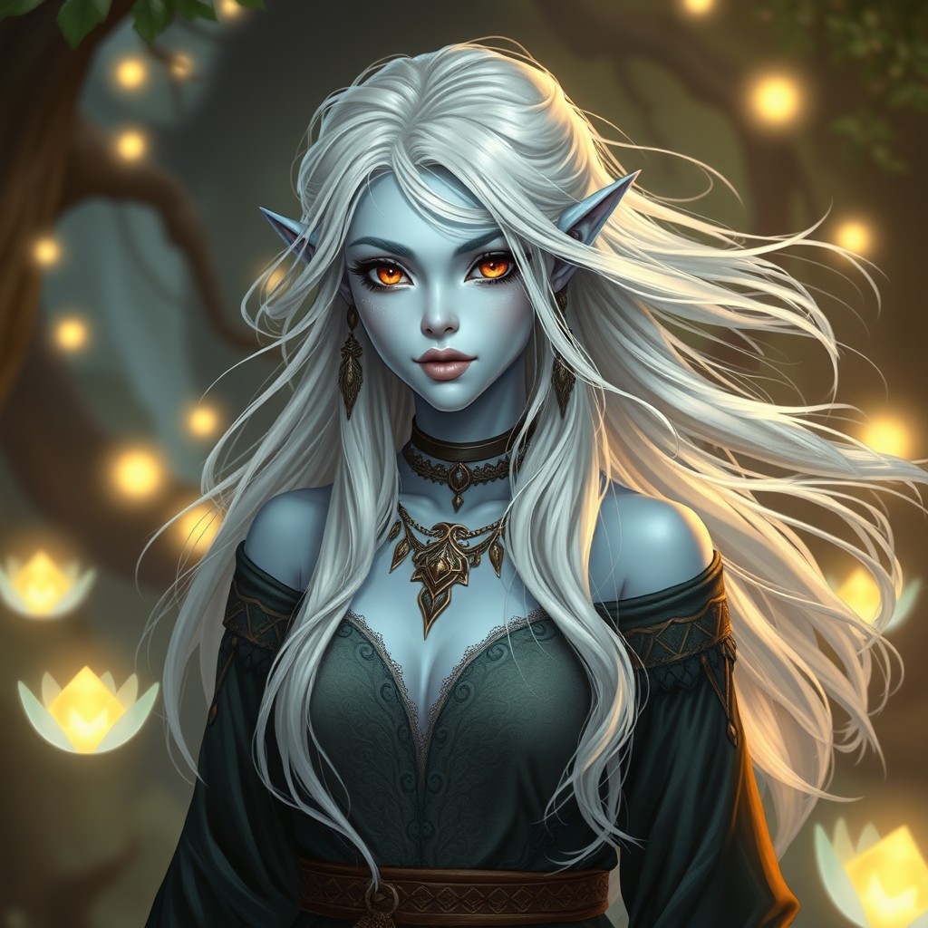 A female Tiefling preserver character with striking features
