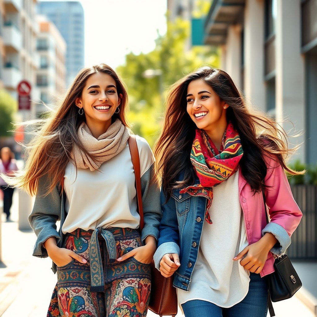 Two beautiful young Middle-Eastern girls walking side by side on a vibrant city sidewalk, dressed in stylish, colorful clothing, with their hair flowing freely