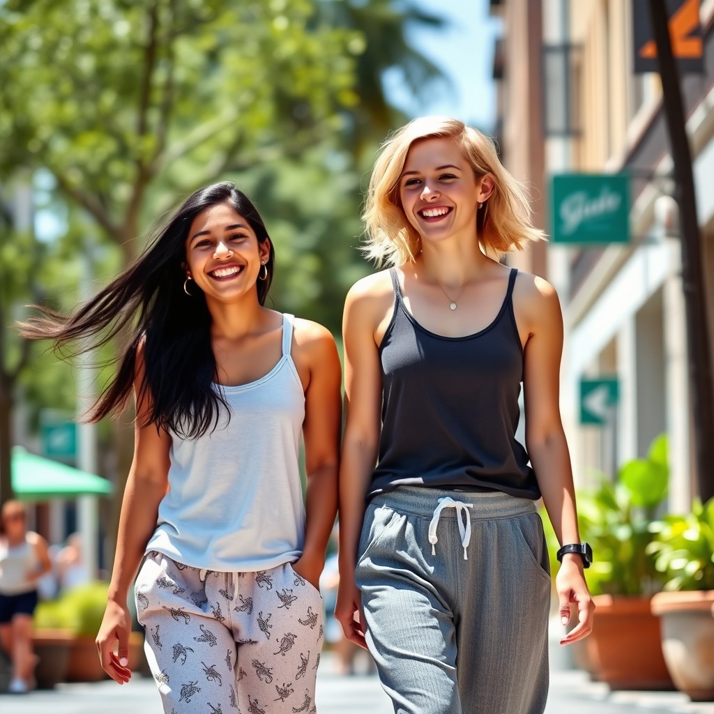 A vibrant street scene featuring two 15-year-old girls walking side by side