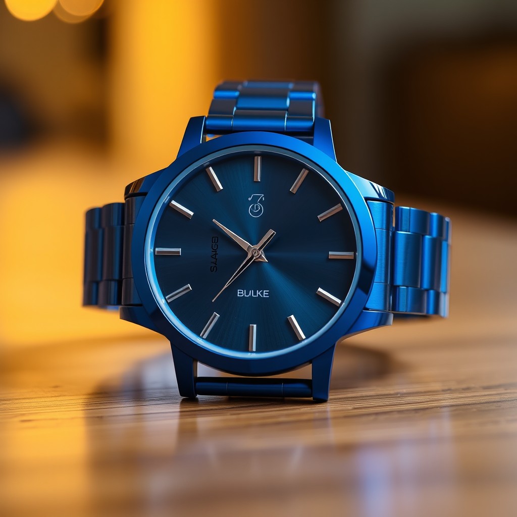 A sleek and stylish wristwatch with a modern design, featuring a round face, a blue metallic band, and a minimalist dial
