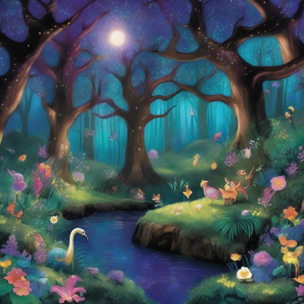 A breathtakingly magical enchanted forest, brimming with vibrant, exotic flora, mystical creatures, and glittering streams under a spellbinding moonlit sky.