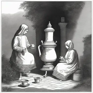 As the sun set, they sat together by the fire, sipping tea poured from the samovar.