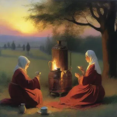 As the sun set, they sat together by the fire, sipping tea poured from the samovar.
