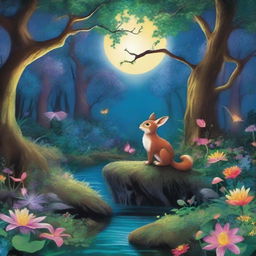 A breathtakingly magical enchanted forest, brimming with vibrant, exotic flora, mystical creatures, and glittering streams under a spellbinding moonlit sky.