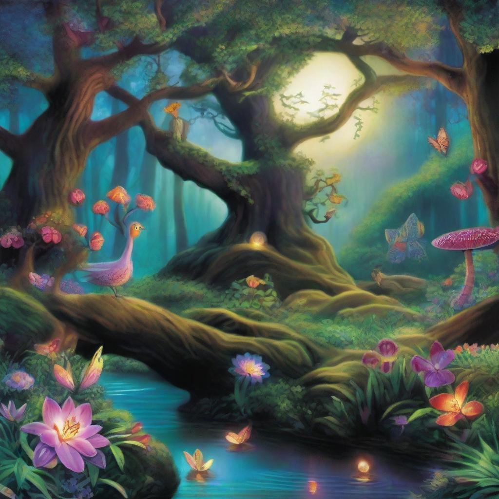 A breathtakingly magical enchanted forest, brimming with vibrant, exotic flora, mystical creatures, and glittering streams under a spellbinding moonlit sky.