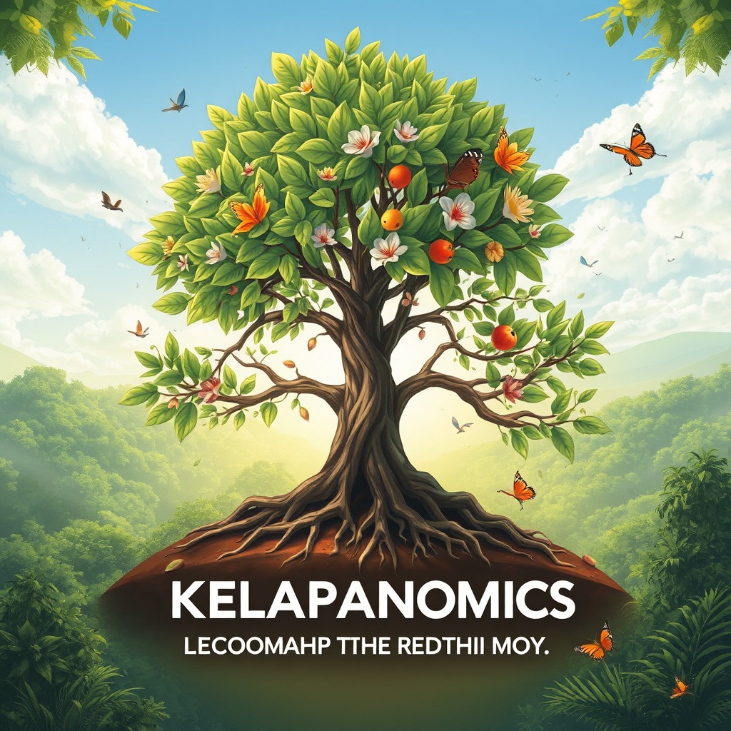 A visually stunning illustration of the 'Tree of Life,' symbolizing 'Kelapanomics' with emphasis on reforestation (Reboisasi), rejuvenation (Rejuvenasi), and downstream processing (Hilirisasi)