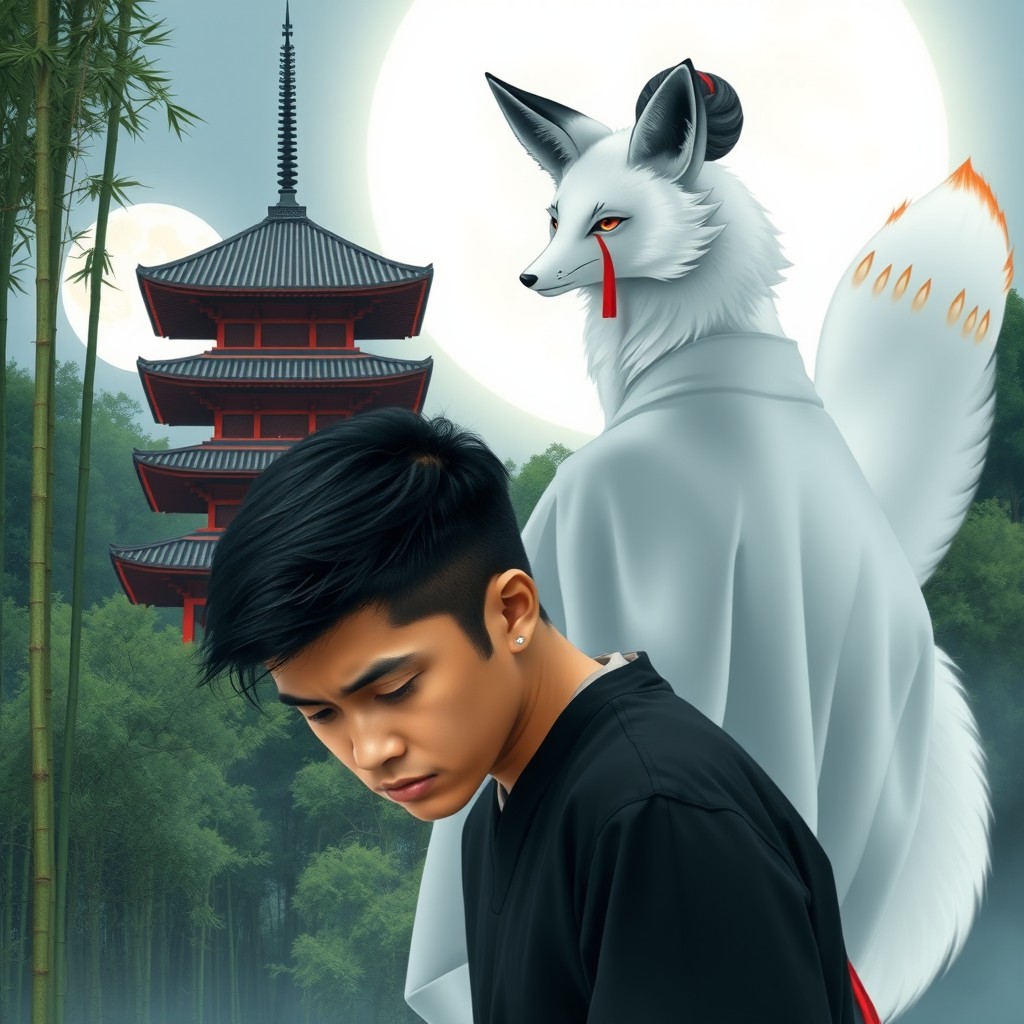 A young mixed-race man in the foreground, with his head bowed, appearing sad and contemplative