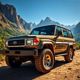 A stunning, high-resolution image of a Toyota Land Cruiser parked in a breathtaking natural setting, showcasing its rugged and durable design