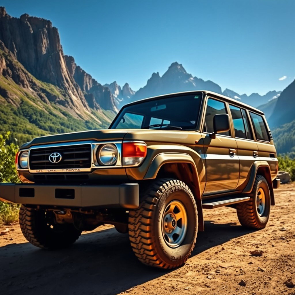A stunning, high-resolution image of a Toyota Land Cruiser parked in a breathtaking natural setting, showcasing its rugged and durable design