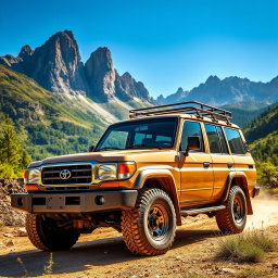 A stunning, high-resolution image of a Toyota Land Cruiser parked in a breathtaking natural setting, showcasing its rugged and durable design
