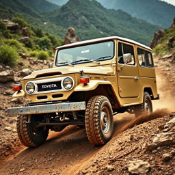 A captivating, high-resolution image of a classic Toyota Land Cruiser navigating an off-road terrain, showcasing its vintage charm and rugged capabilities